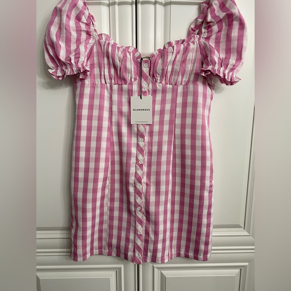 NWT Glamorous Size 8 Pink Gingham Milkmaid Minidress On or Off Shoulder Buttons